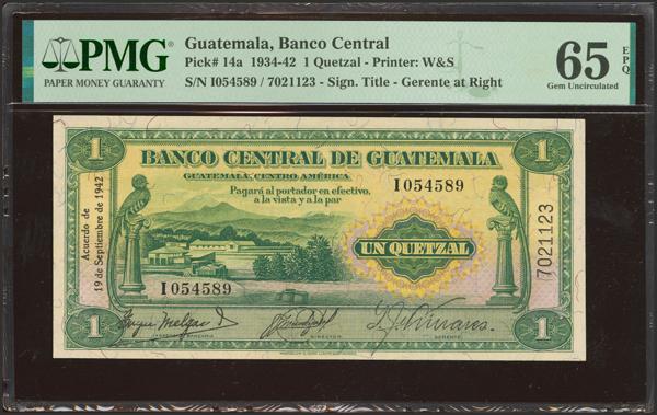 5816 - GUATEMALA. 1 Quetzal. 19 September 1942. Banco Central de Guatemala. (Pick: 14a). PMG65EPQ. - 700€