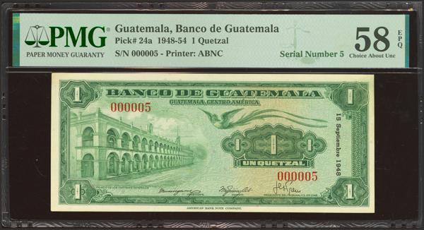 5833 - GUATEMALA. 1 Quetzal. 15 September 1948. Banco de Guatemala. Serial number 5. (Pick: 24a). PMG58EPQ. - 300€