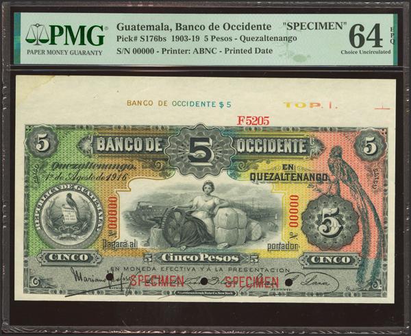 6021 - GUATEMALA. 5 Pesos. 1 August 1916. Banco de Occidente. Specimen. (Pick: S176bs). PMG64EPQ (note unaffected by issues in selvage). - 350€