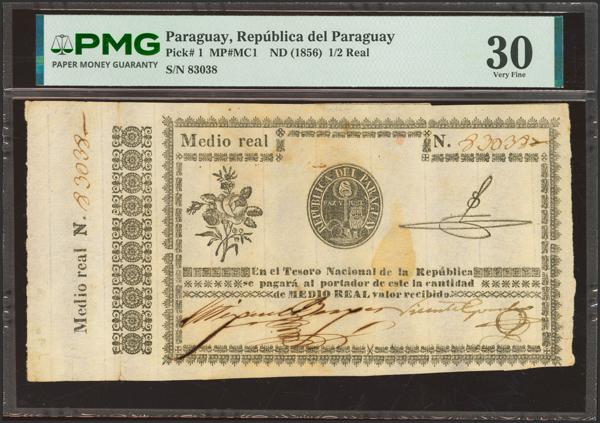 6153 - PARAGUAY. ½ Real. (1856ca). Tesoro Nacional. (Pick: 1). PMG30 (counterfoil included, ink burn, stains). - 350€