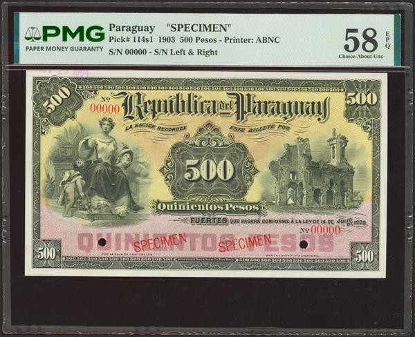 6203 - PARAGUAY. 500 Pesos. 14 July 1903. Caja de Conversion. Specimen. (Pick: 114s1). PMG58EPQ. - 500€