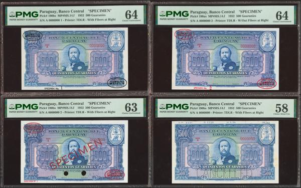 6288 - PARAGUAY. Lot of 4 notes of 500 Guaranies. 25 March 1952. Banco Central. Specimens. (Pick: 190s). PMG64 (previously mounted), 64 (previously mounted), 63 (previously mounted), 58 (previously mounted). - 900€