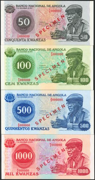 3040 - ANGOLA. Complete set of 4 notes of 50 Kwanzas, 100 Kwanzas, 500 Kwanzas and 1000 Kwanzas. 14 August 1979. Bank of Angola. SPECIMEN and numeration XX000000. (Pick: 114s, 115s, 116s, 117s). Uncirculated / Less than Uncirculated. - 80€