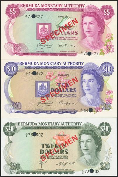 3146 - BERMUDA. Set of 3 notes 5 Dollars, 10 Dollars and 20 Dollars. 1 April 1978. SPECIMEN and drilled. Bermuda Monetary Authority. (Pick: 29s, 30s, 31s). Uncirculated / About Uncirculated. - 90€