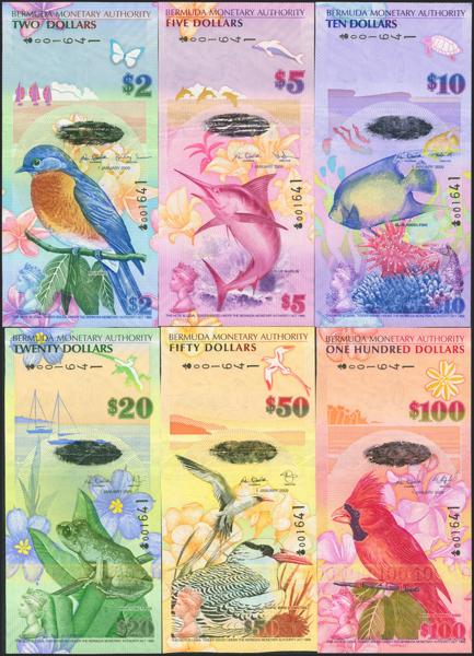 3151 - BERMUDA. Set of 6 notes 2 Dollars, 5 Dollars, 10 Dollars, 20 Dollars, 50 Dollars and 100 Dollars. 1 January 2000. All same numeration 001461. Bermuda Monetary Authority. (Pick: 57, 58, 59, 60, 61, 62). Very rare. Uncirculated. - 325€