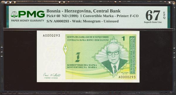 3177 - BOSNIA AND HERZEGOVINA. 1 Marka. (1998ca). Numeration low (A0000293). Central Bank. (Pick: 60a). Very rare, especially in this quality and numeration. PMG67EPQ. - 450€