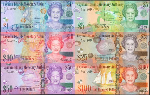 3242 - CAYMAN ISLANDS. Set of 6 notes 1 Dollar, 5 Dollars, 10 Dollars, 20 Dollars, 50 Dollars and 100 Dollars. 1 January 2000. All same numeration 001209. Cayman Islands Monetary Authority. (Pick: 38, 39, 40, 41, 42, 43). Uncirculated. - 325€