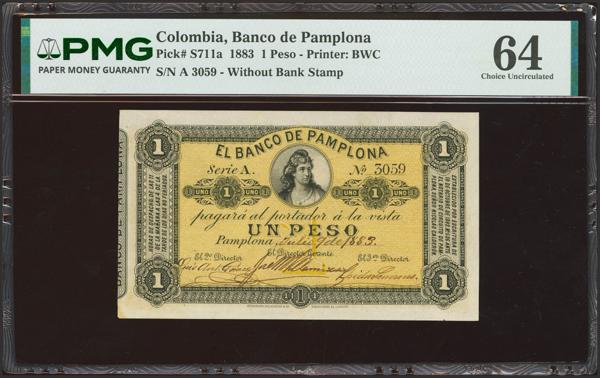 3281 - COLOMBIA. 1 Peso. July 1883. Banco de Pamplona. (Pick: S711). Very rare. PMG64. - 250€