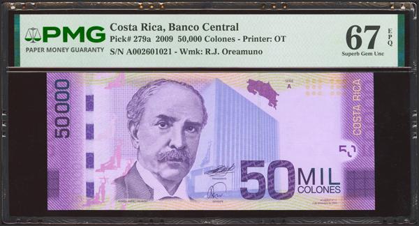 3317 - COSTA RICA. 50000 Colones. 2 September 2009. Banco Central de Costa Rica. (Pick: 279a). Rare in this quality. PMG67EPQ. (according to the PMG population report, it is the Top Pop banknote as of 15 September 2026). - 265€