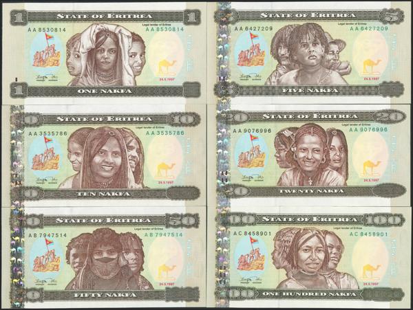 3451 - ERITREA. Complete set of 6 notes 1 Nafka, 5 Nafka, 10 Nafka, 20 Nafka, 50 Nafka and 100 Nafka. 1997. Bank of Eritrea. (Pick: 1, 2, 3, 4, 5, 6). Rare complete set. Uncirculated. - 140€