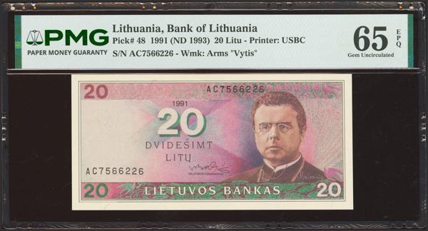 3774 - LITHUANIA. 20 Litu. 1991. Bank of Lithuania. (Pick: 48). Rare. PMG65EPQ. - 200€