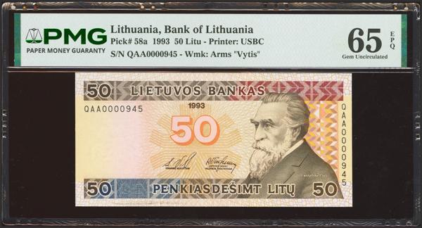 3781 - LITHUANIA. 50 Litas. 1993. Low numeration (0000945). Bank of Lithuania. (Pick: 58a). Very rare, especially in this quality and with this numeration. PMG65EPQ. - 200€