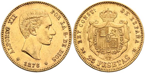 2031 - ESPAÑA, Alfonso XII (1874-1885). 25 Pesetas. 1876 *18-76. Madrid DEM. (Cal-67). MBC. (Au. 8,04g/24mm). - 450€