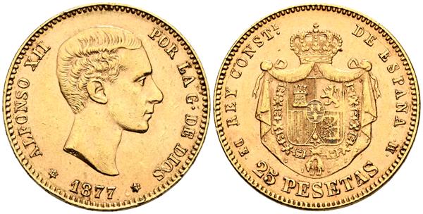2034 - ESPAÑA, Alfonso XII (1874-1885). 25 Pesetas. 1877 *18-77. Madrid DEM. (Cal-68). MBC+. (Au. 8,05g/24mm). - 650€