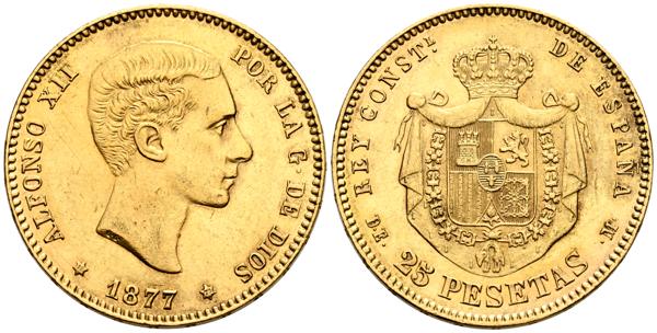 2035 - ESPAÑA, Alfonso XII (1874-1885). 25 Pesetas. 1877 *18-77. Madrid DEM. (Cal-68). MBC. (Au. 8,07g/24mm). - 450€