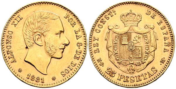 2039 - ESPAÑA, Alfonso XII (1874-1885). 25 Pesetas. 1881 *18-81. Madrid MSM. (Cal-82). MBC+/EBC. Pequeña marca de punzón en anverso (Au. 8,07g/24mm). - 650€