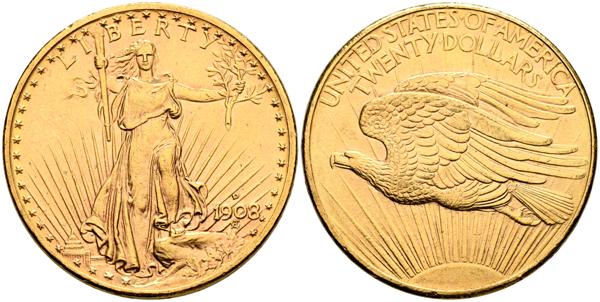 2063 - ESTADOS UNIDOS. 20 Dólares. 1908. Denver D. (Km#127). MBC+. (Au. 33,44g/34mm). - 2.000€