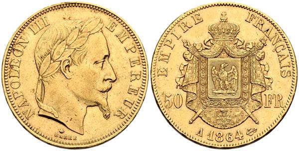 2071 - FRANCIA, Napoleón III. 50 Francos. 1864. París A. (Km#804.1). MBC+. (Au. 16,14g/28mm). - 1.250€