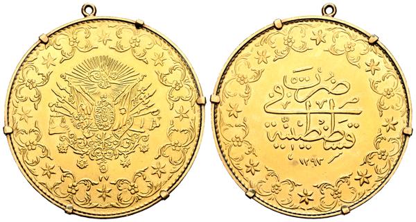 2125 - TURQUIA, Abdulmadid II. 500 Kurush. 1293H (Año 27, 1901). Constantinopla. (Km#746). MBC+. Engarzado. (Au. 40,31g/53mm). - 3.000€