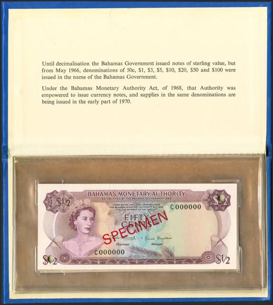 7122 - BAHAMAS. Complete set of ½ Dollar, 1 Dollar, 3 Dollars, 5 Dollars, 10 Dollars, 20 Dollars, 50 Dollars and 100 Dollars. 1970. SPECIMEN and numeration 000000. Bahamas Monetary Authority. (Pick: 26/33s). Extremely rare set, especially in the original folder from the Bank of the Bahamas. Uncirculated / About Uncirculated.<BR> - 750€