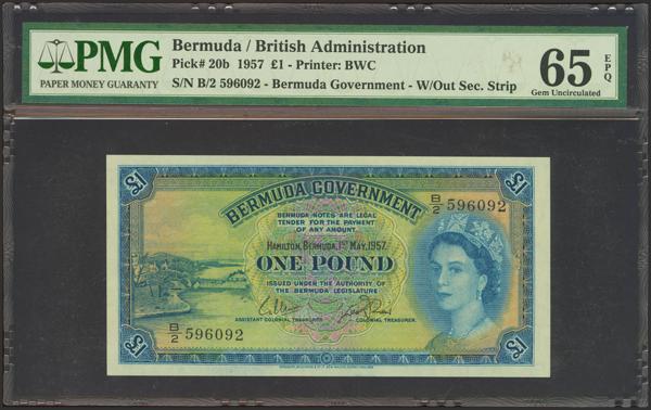 7172 - BERMUDA. 1 Dollar. 1 May 1957. British Administration. (Pick: 20b). Rare, especially in this quality. PMG65EPQ. - 225€