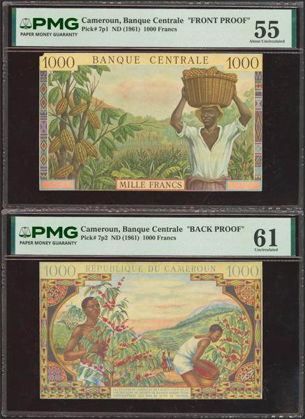 7276 - CAMEROON. Set of 2 proofs of 1000 Francs, front proof and back proof. (1961ca). Banque Centrale. (Pick: 7p1, 7p2). Extremely rare and a highly specialized collector's item. PMG55 (previously mounted, corner tip missing), PMG61 (previously mounted). - 750€