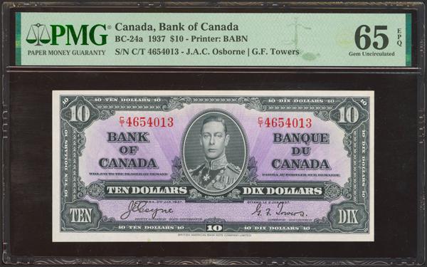 7282 - CANADA. 10 Dollars. 1937. Bank of Canada. (BC: 24a). Extremely rare, particularly with J.A.C. Osborne’s signature and in this exceptional quality. PMG65EPQ. - 800€