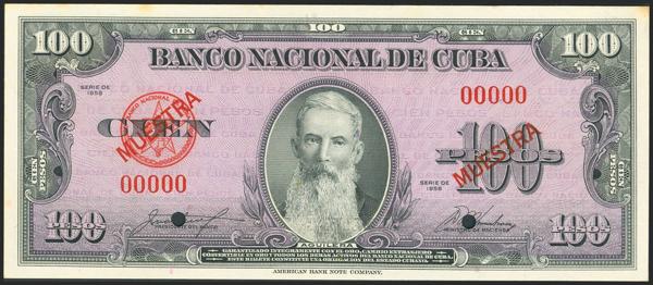 7440 - CUBA. 100 Pesos. 1958. Muestra and numeration 00000. Banco Nacional de Cuba. (Pick: 82s3). Rare, stains. Uncirculated. - 90€