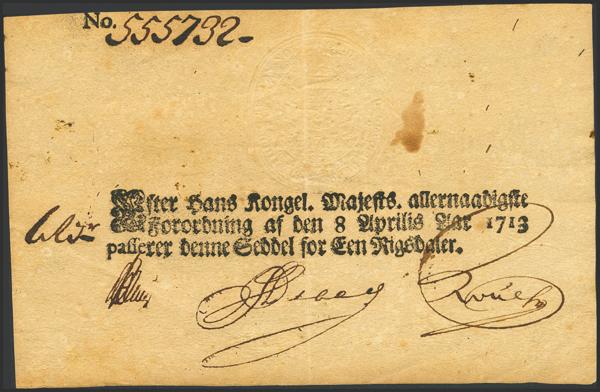 7512 - DENMARK. 1 Een. 8 April 1713. Treasury. (Pick: A17). Extremely rare and a highly specialized collector's item, especially in this quality. More than Extremely Fine. - 2.250€