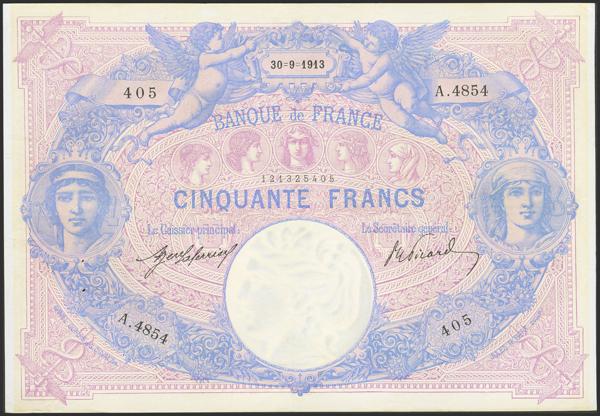 7667 - FRANCE. 50 Francs. 30 September 1913. Banque de France. (Pick: 64e). Rare in this quality, pinholes. Less than Extremely Fine. - 125€