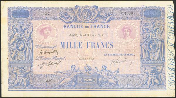 7675 - FRANCE. 1000 Francs. 18 October 1919. Banque de France. (Pick: 67h). Pinholes. Very Fine. - 75€