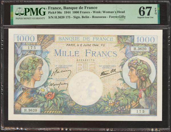 7732 - FRANCE. 1000 Francs. 6 July 1944. Banque de Frace. (Pick: 96c). PMG67EPQ (according to the PMG population report, it is the Top Pop banknote as of 15 September 2026). - 150€