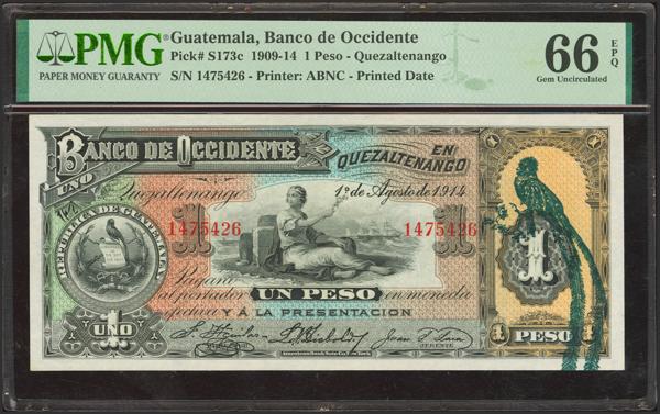 8065 - GUATEMALA. 1 Peso. 1 August 1914. Banco de Occidente. (Pick: S173c). Very rare, especially in this quality. PMG66EPQ. - 750€