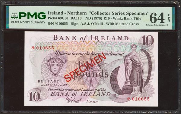 8172 - IRELAND. 10 Pounds. (1978ca). SPECIMEN, in red. Bank of Ireland. (Pick: 63CS1). PMG64EPQ. - 125€