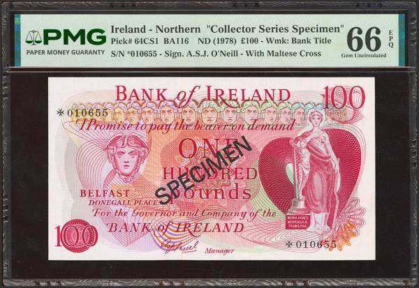 8173 - IRELAND. 10 Pounds. (1978ca). SPECIMEN, in black. Bank of Ireland. (Pick: 64CS1). PMG66EPQ. - 125€