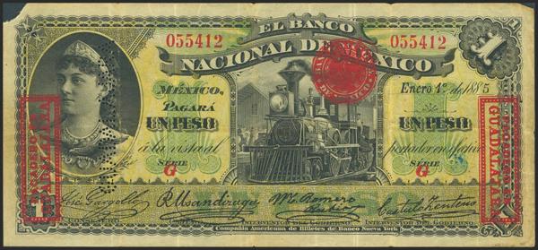 8399 - MEXICO. 1 Peso. 1885. Banco Nacional de Mexico. Overprint GUADALAJARA. (Pick: S255f). Rare, miss left corner. Very Fine. - 120€