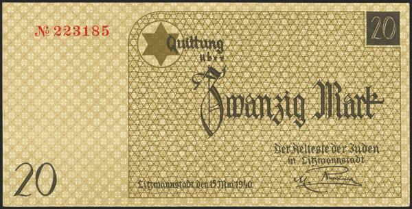 8536 - POLAND. 20 Mark. 15 May 1940. Lodz Gheto. (Pick: Unlisted, PO: 565). Rare. Less than Uncirculated. - 100€