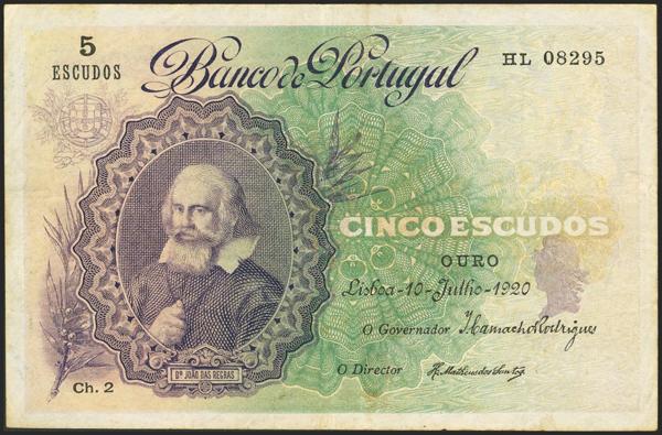 8542 - PORTUGAL. 5 Escudos. 10 July 1920. Banco de Portugal. (Pick: 120). Unusual. Very Fine. - 150€