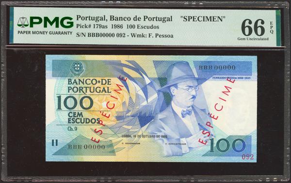 8581 - PORTUGAL. 100 Escudos. 16 October 1986. SPECIMEN and numeration BBB00000. Banco de Portugal. (Pick: 179as). Extremely rare, especially in this exceptional quality. PMG66EPQ. - 250€