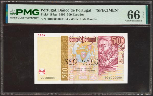 8593 - PORTUGAL. 500 Escudos. 17 April 1997. SPECIMEN and numeration 00I00000000. Banco de Portugal. (Pick: 187as). Extremely rare, especially in this exceptional quality. PMG66EPQ. - 300€