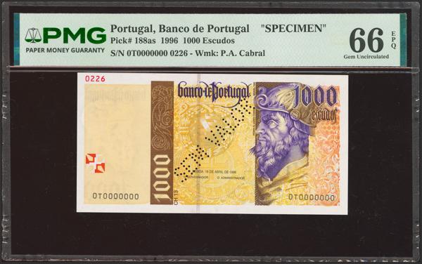 8598 - PORTUGAL. 1000 Escudos. 18 April 1996. SPECIMEN and numeration 0T00000000. Banco de Portugal. (Pick: 188as). Extremely rare, especially in this exceptional quality. PMG66EPQ. - 250€