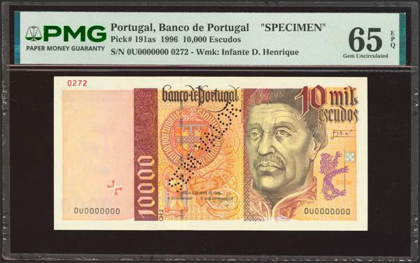 8609 - PORTUGAL. 10000 Escudos. 2 May 1998. SPECIMEN and numeration 0U00000000. Banco de Portugal. (Pick: 191as). Extremely rare, especially in this exceptional quality. PMG65EPQ. - 500€