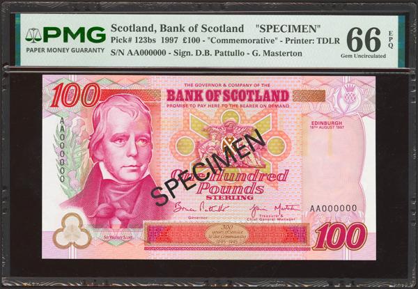 8696 - SCOTLAND. 100 Pounds. 18 August 1997. SPECIMEN, in black and numeration AA000000. Bank of Scotland. (Pick: 123bs). PMG66EPQ. - 150€