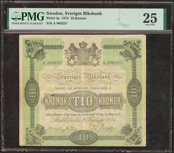 8763 - SWEDEN. 10 Kronor. 1874. Sveriges Riksbank. (Pick: 3a). Extremely rare, no more than three or four have been auctioned since 1999. PMG25 (according to the PMG population report, it is the Top Pop banknote as of 1 September 2026). - 1.500€