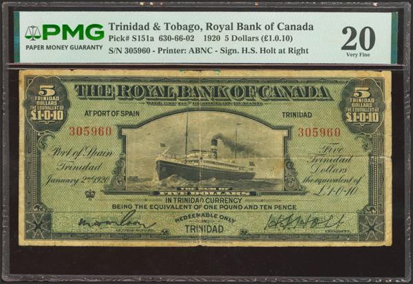 8804 - TRINIDAD AND TOBAGO. 5 Dollars. 2 January 1920. Royal Bank of Canada. (Pick: S151a). Extremely rare and very interesting, as it was printed in Canada. PMG20 (pinholes, minor ink). - 2.000€