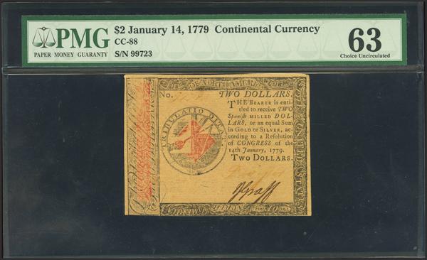 8873 - UNITED STATES. 2 Dollars. 14 January 1779. Continental Currency. (FR: CC-88). Extremely rare, especially in this excepcional quality. PMG63 (hinged)(to give an idea of how rare it is, as of 1 April 2026, this note is the fourth highest-graded alongside another note at PMG). - 1.250€