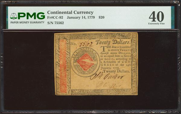 8874 - UNITED STATES. 20 Dollars. 14 January 1779. Continental Currency. (FR: CC-92). Very rare, especially in this quality. PMG40 (stains). - 425€