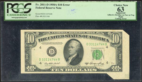 8927 - UNITED STATES. 10 Dollars. 1950A. Cutting error. Federal Reserve Note. (FR: 2011-D). Rare, especially with this spectacular cutting error. PCGS63. - 175€
